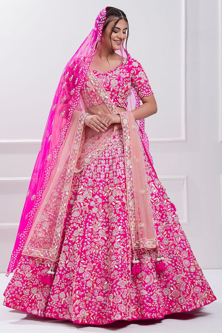 Hot Pink Sequins Embroidered Raw Silk Bridal Lehenga