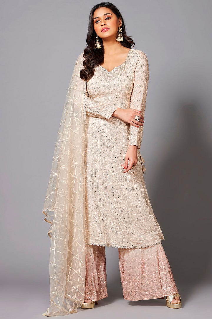 Cream Pink Sequins Embroidered Georgette Palazzo Suit