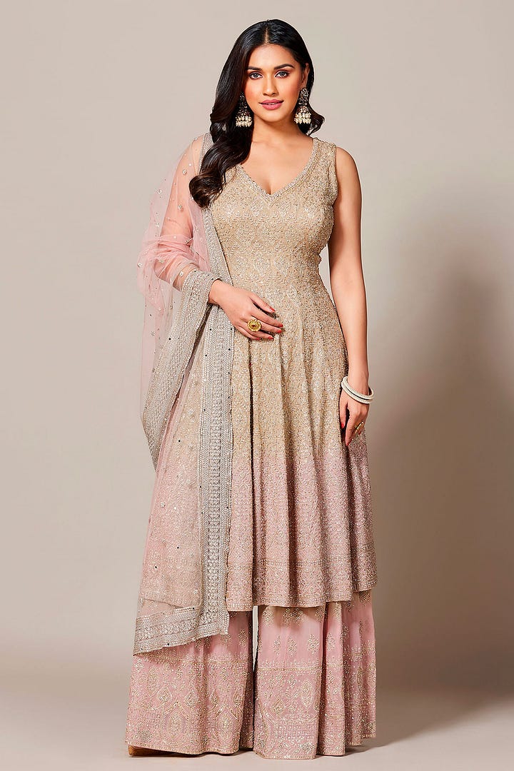 Pink & Beige Ombre Sequins Embroidered Georgette Palazzo Suit