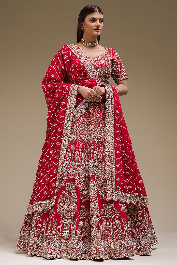 Crimson Red Sequins Embroidered Silk Exclusive Bridal Lehenga