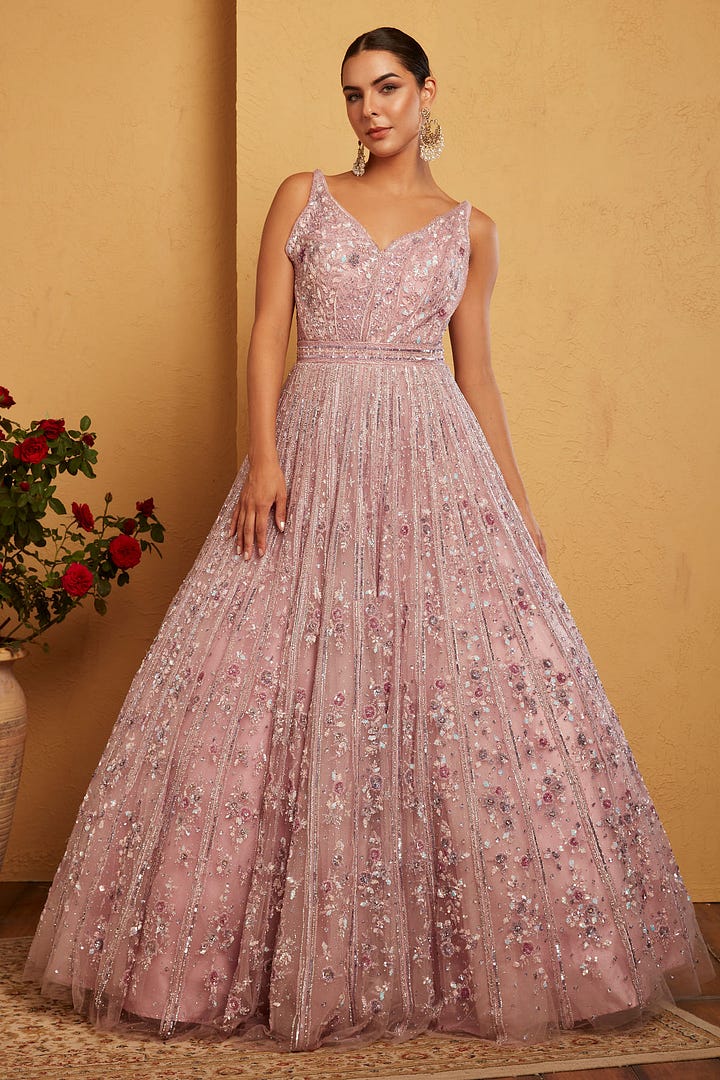 Powder Pink Sequins Embroidered Net Reception Gown