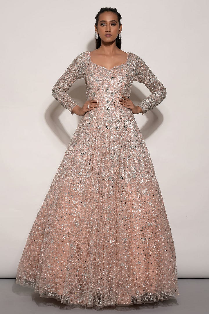 Light Peach Mirror Embroidered Net Bridal Gown